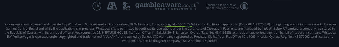 Footer of online casino highlighting where to find the casino license information