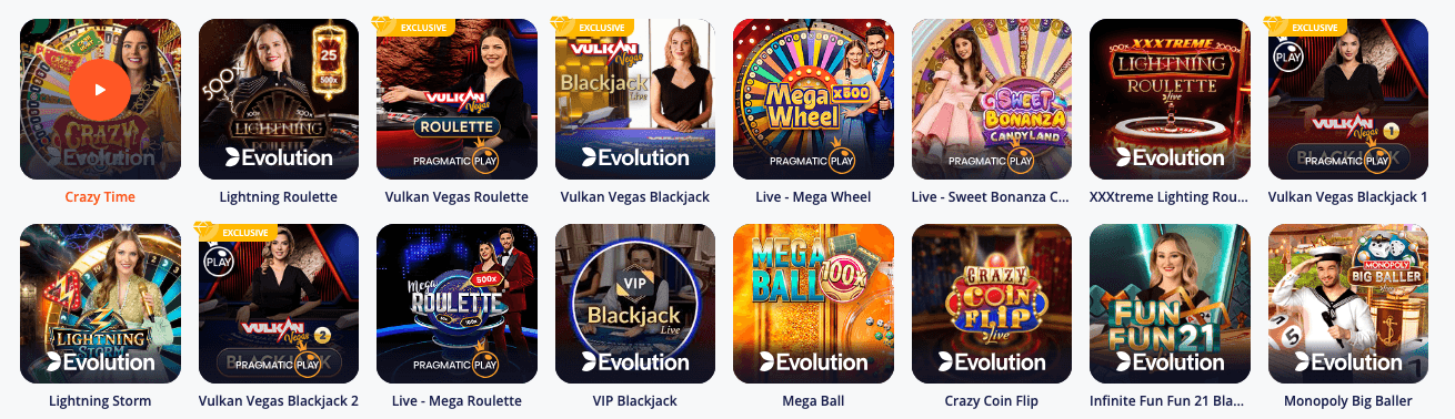 Live casino lobby at a casino without Swedish license