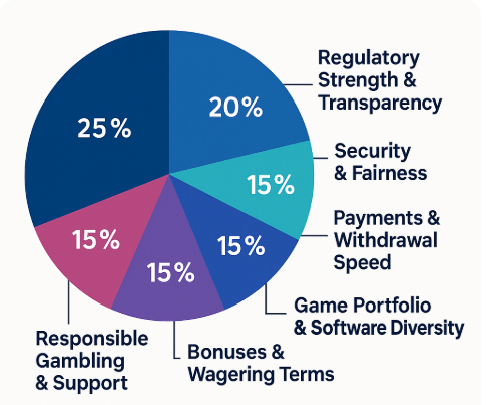 Pie chart showing casino review methodology weighting 