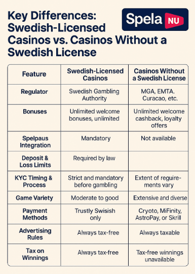 Table showing key differences between casino with and casinos without a Swedish license
