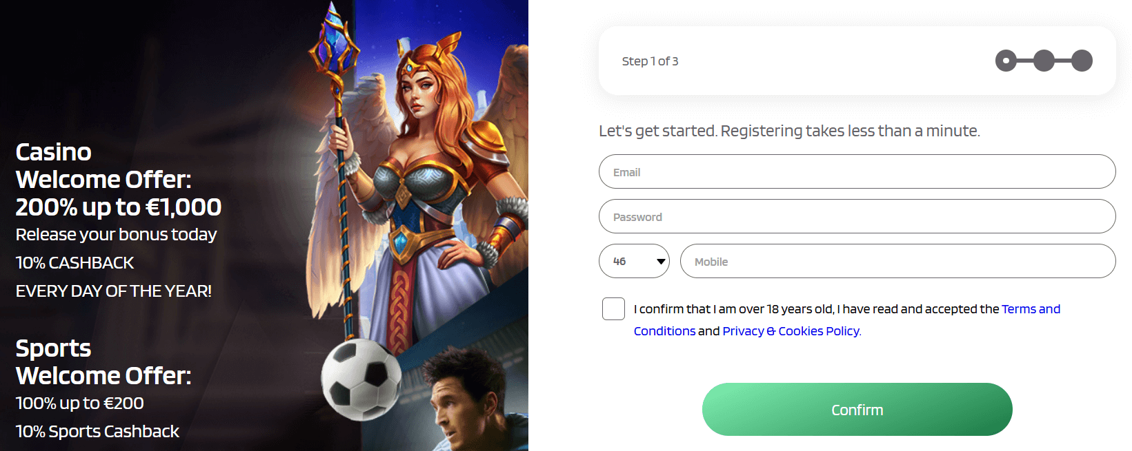 Registreringssidan på Dynabet Casino.