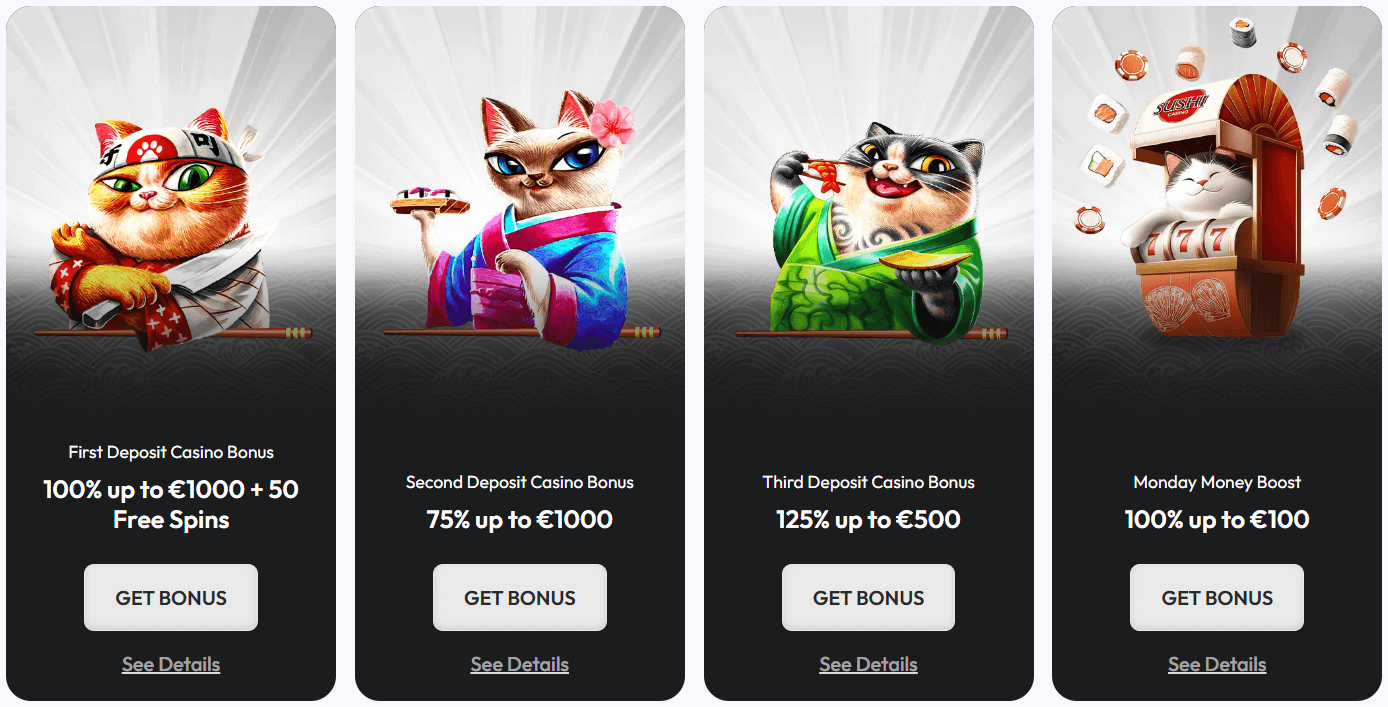Bonusar på ett instant banking casino vid namnet Sushi Casino.