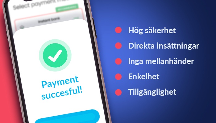 En smartphone vid sidan av en lista över fördelarna med att spela på ett casino med instant banking.